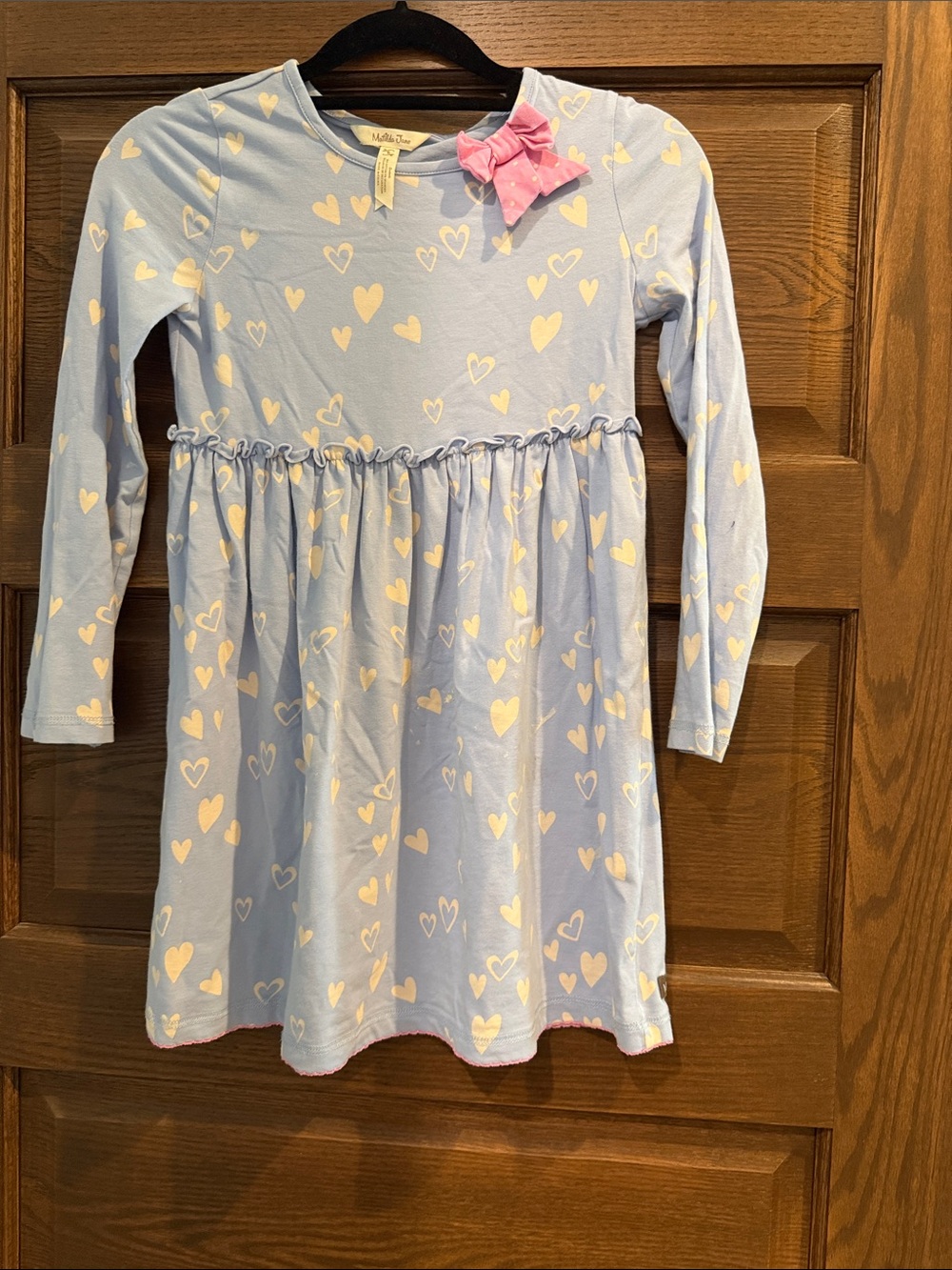 Matilda Jane Light Blue Heart-Print Long Sleeve Dress with Pink Bow Accent